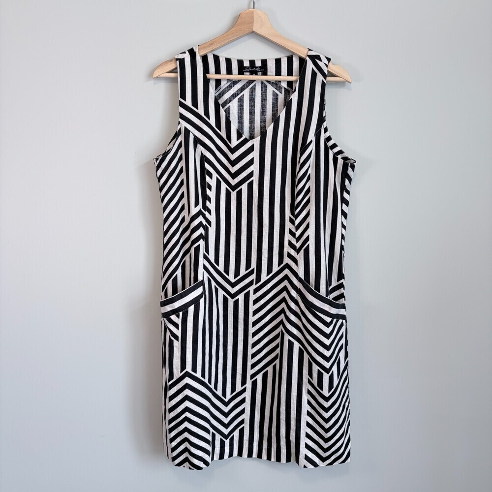 Charlie B Shift Dress Linen Striped Sleeveless Knee Length Tan Black Women’s M - Picture 3 of 11